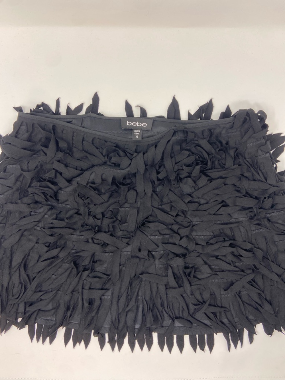 Vintage Bebe Black Silk Fringe Mini Skirt Size XS sexy cocktail festival EUC